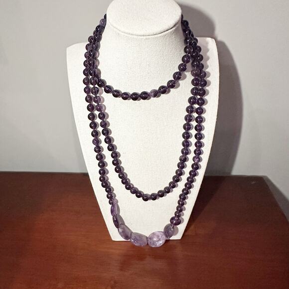 Purple Amethyst Beaded Necklace Very Long Round Beads Flat Stone Unique - Picture 2 of 12